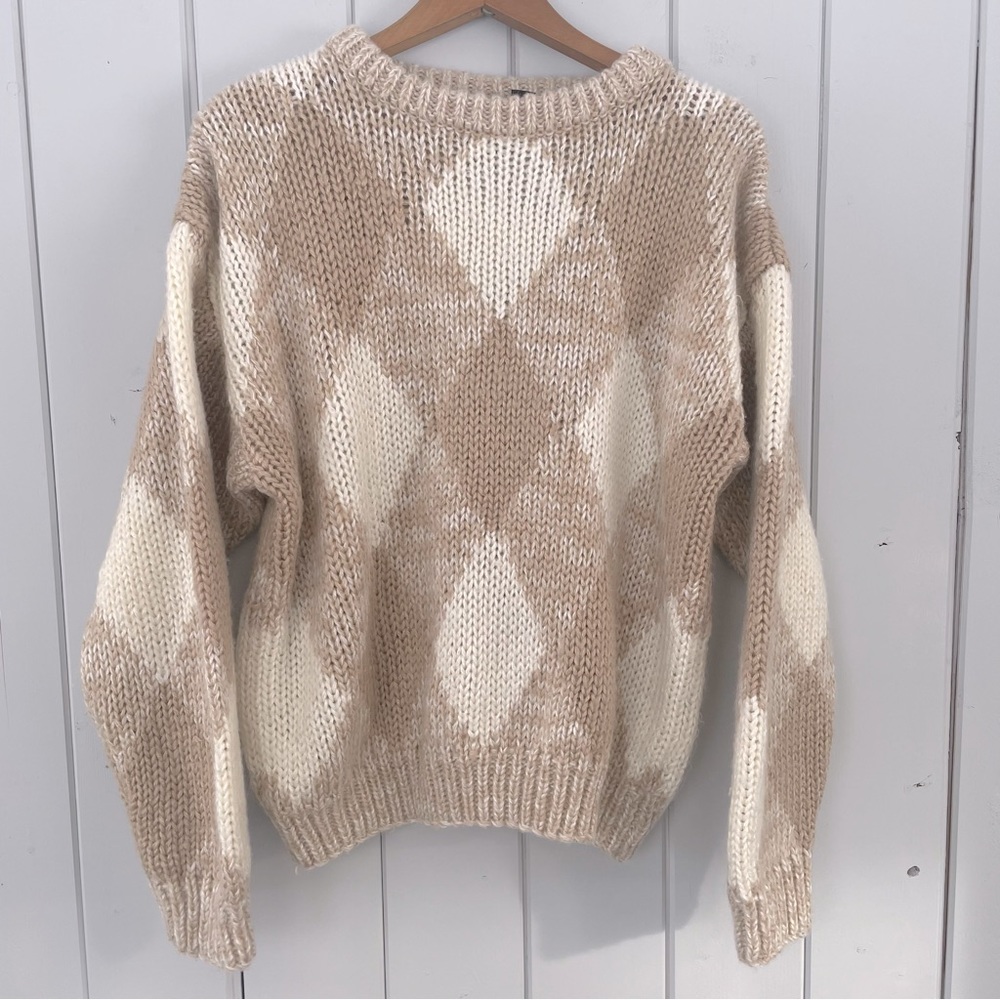 Vintage Chunky Knit Sweater Oversized Diamond Pattern Tan & Off White Sears Med